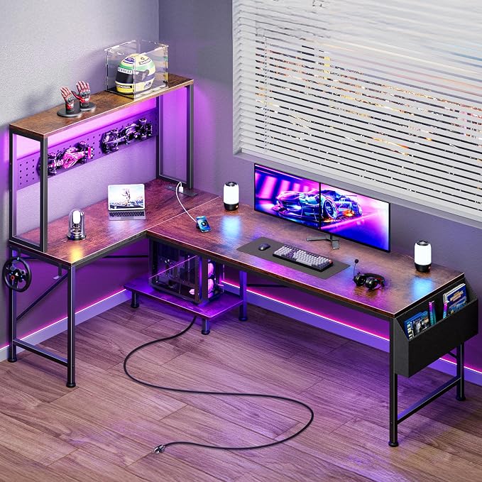 PRAISUN L Shaped Gaming Desk with LED Lights & Power Outlets | Reversible Computer Desk with Storage Shelves & Bag, Large Corner Home Office Desk for Work from Home, Rustic Brown by PRAISUN