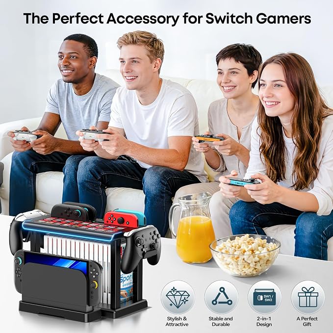 Switch 2/1/OLED RGB Organizer Station with Controller Charging Dock, Switch Storage Stand, Joycon 1/2 Charger, Gaming Accessories Holds TV Dock, 16 Game Cases, 18 Game Cards, and 2 Pro Controllers - Image 6