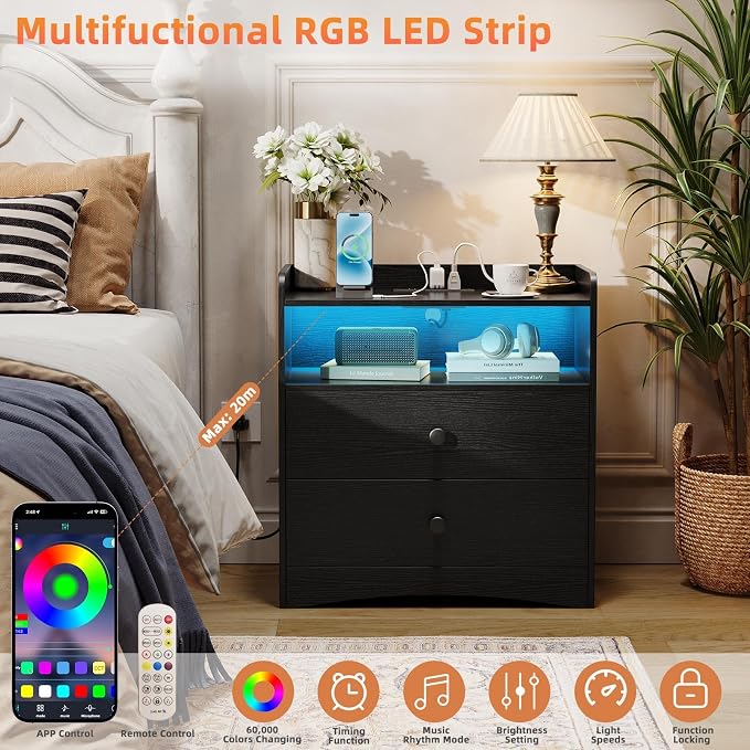 Memobarco 2 Pack Nightstand with Charging Station and LED Light, Black - Image 3