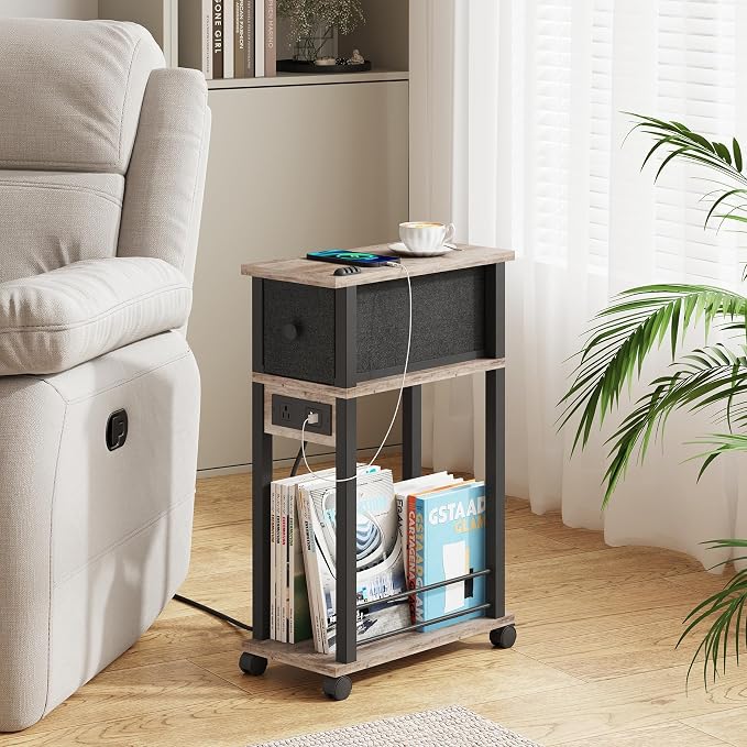 Slim Nightstand Set of 2, Narrow Side Table with Charging Station & Drawer - Image 2