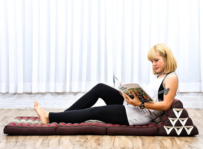 Leewadee - Comfortable Japanese Floor Mattress Used As Thai Floor Bed with Triangle Cushion, Futon Mattress Or Thai Massage Mat, 67 x 21 inches, Brown Red | Floor & lounge cushion for relaxing, reading & TV - for meditation & yoga, firm & stable by Leewadee