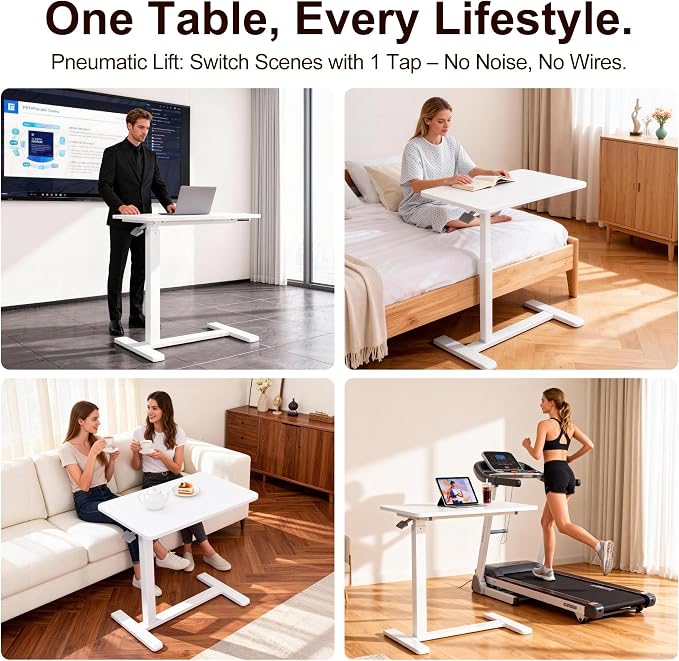 Overbed Table with Pneumatic Height Adjustment, Hidden Casters Rolling Bedside Table, Hospital Bed Table Mobile Laptop Standing Desk for Hospital Home Use, White - Image 6