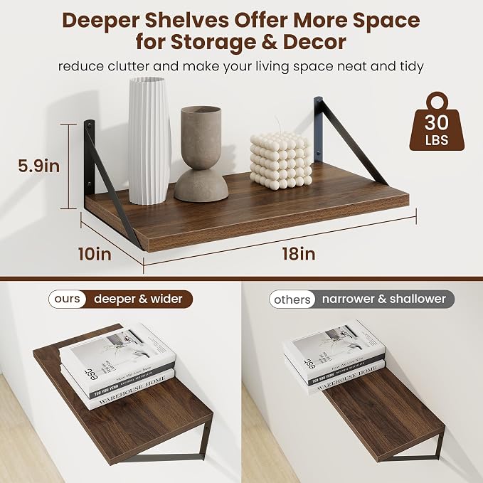 Axeman Deep Floating Shelves, 18'' x 10'' Walnut Wall Shelves Set of 2 - Image 3