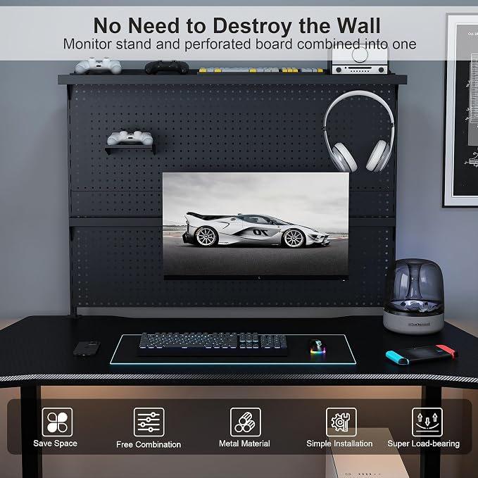 Clamp On Desk Pegboard with Single Monitor Stand, 43x35 Inch Steel Peg Board Organizer with Hooks Movable Panel for Gaming Office, Black - Image 7