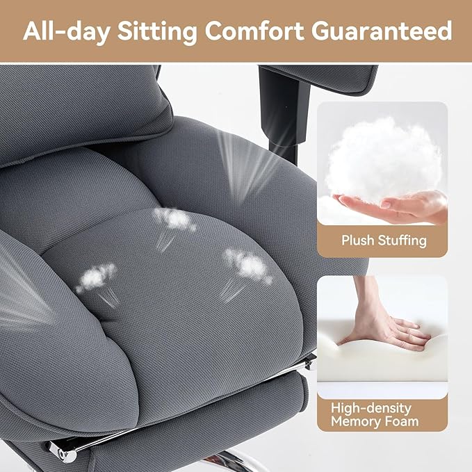 Efomao Executive Office Chair, Bluegrey Fabric Big and Tall Desk Chair | Breathable fabric, pocket spring & foam seat, retractable footrest, 135° recline for computer gaming setup - Image 6
