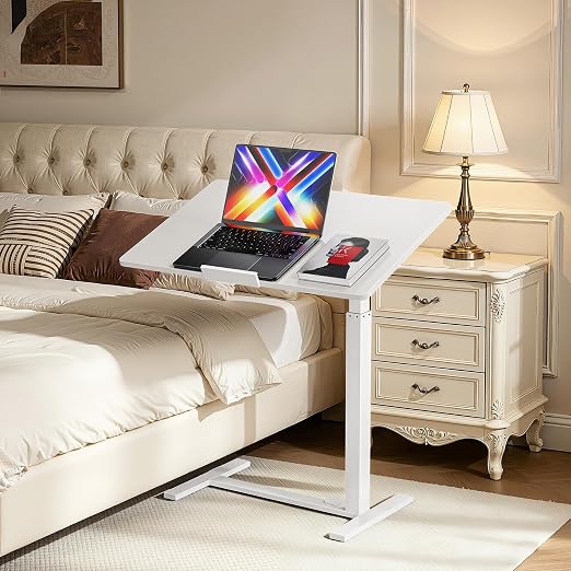 Mobile Standing Desk Adjustable Overbed Table, Pneumatic Height Adjustable Rolling Laptop Desk with Hidden Wheels, 0-180°Tilt Top Rolling Computer Cart Foldable for Home Office, Craft & Study, White - Image 2