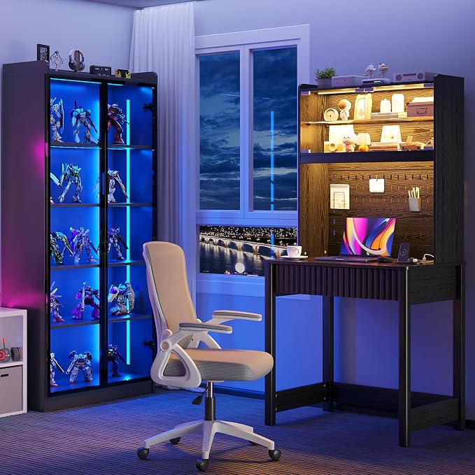 Lvifur LED Writing Desk with Hutch and Pegboard and Power Outlet (Black) | Compact Study Desk with Display Shelf, 3 Color Lights, Adjustable Brightness, USB/Type-C&2 AC Outlets, Drawer wtih Metal Rail - Image 7