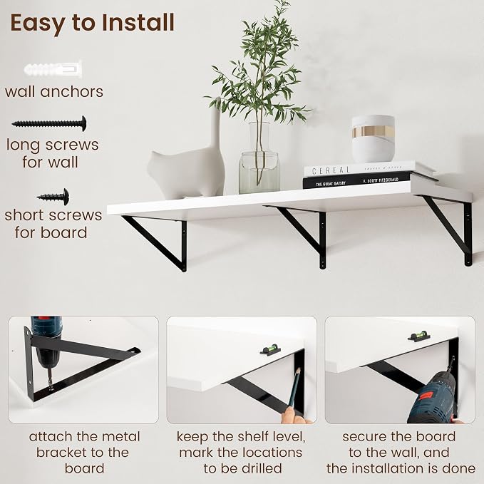 Axeman Floating Shelves for Wall White - 36 Inch Wide x 12 Inch Deep Wall Shelves Set of 2 - White Deep Wood Floating Shelves for Living Room Bedroom Laundry Room - Image 6