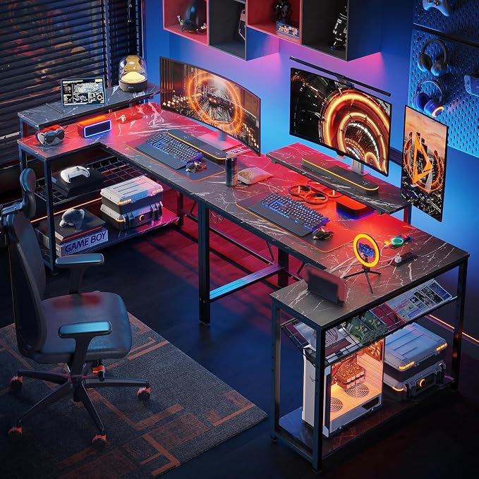 Bestier 42-Inch L-Shaped Gaming Desk with Charging & LED, Marble Black - Image 4