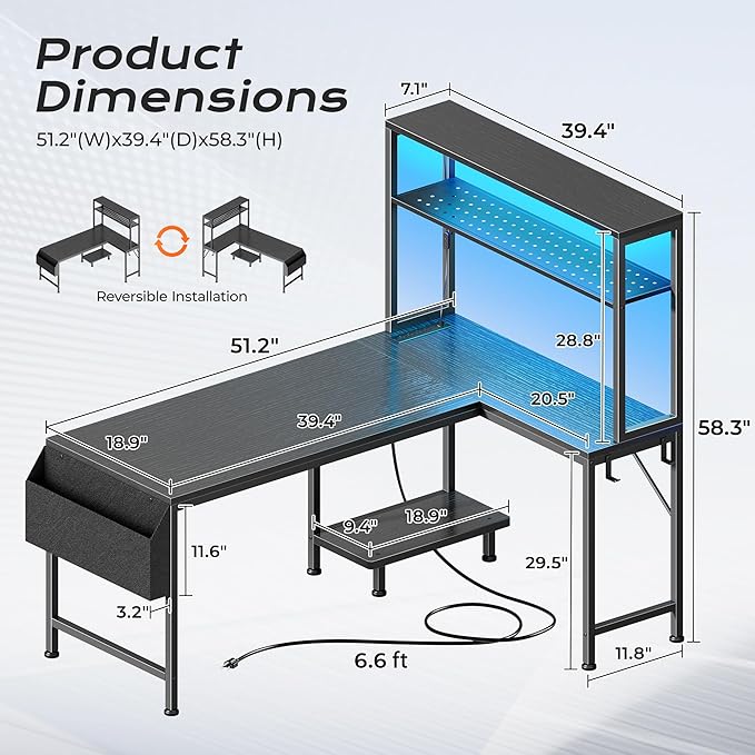 PRAISUN L Shaped Gaming Desk with LED Lights & Power Outlets | Reversible Computer Desk with Storage Shelves & Bag, Large Corner Home Office Desk with Pegboard for Work from Home, Black - Image 2