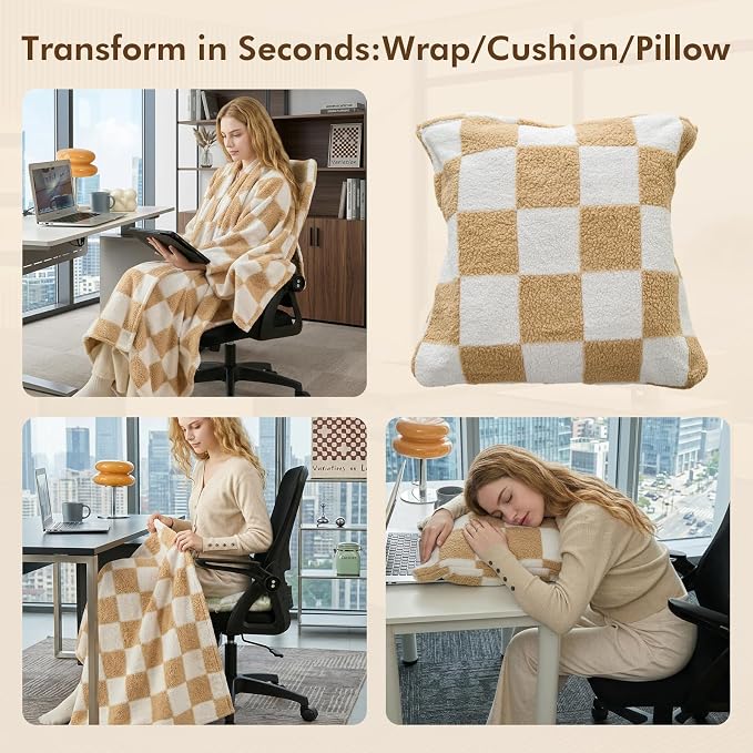 The Chair Blanket for Office,Stay-in-Place Office Blanket for Women Work,3-in-1(Chair Blanket/Seat Cushion/Pillow),Warm Smooth Velvet & Shed-Free,Size S-Khaki - Image 3