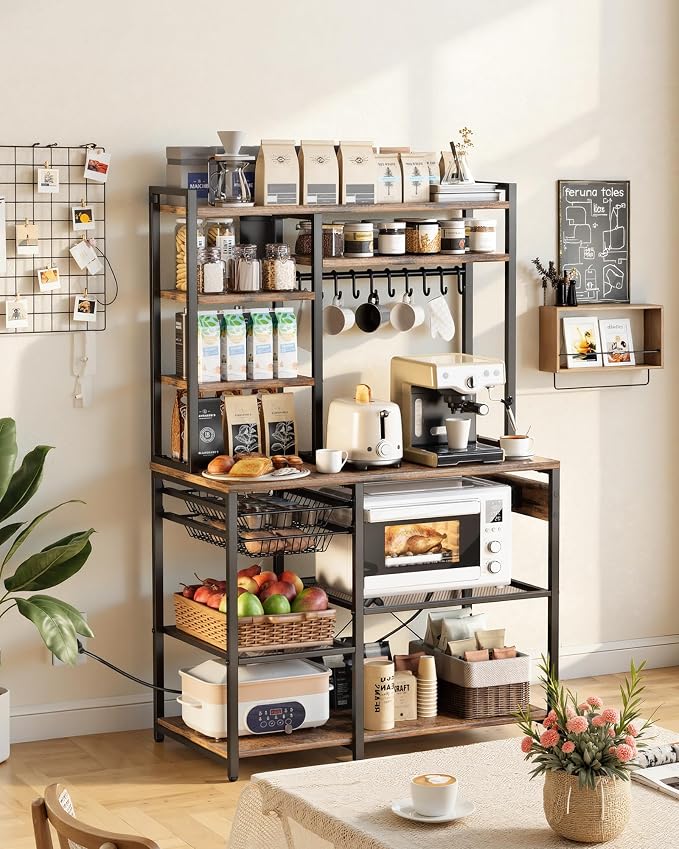 VEVOR Kitchen Bakers Rack with Power Outlets, 35.4x15.7x70.9 Inch Microwave Stand with Built-in Power Strip & 5 Ft Cord, 10 S-Shaped Hooks, for Dish Storage, Spice Jars, Coffee Bar Organization - Image 2