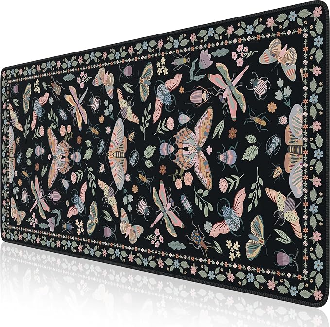 iCasso Black Large Mouse Pad, Desk Matt for Desktop, Insects | XXL Desk Mat for Keyboard and Mouse, Anti-Slip Big Mousepad Computer Mat with Stitched Edges - Image 2