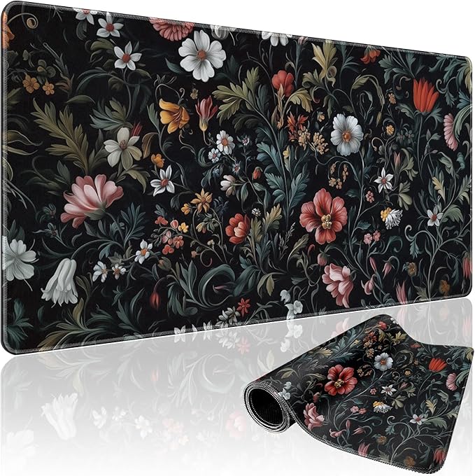 Dark Floral Pattern Large Gaming Mouse Pad Desk Mat 31.5"x15.7" | Extended Mousepad, Non-Slip Rubber Base , Stitched Edges, for Computer/Laptop/Office/Home by Mcapirivo