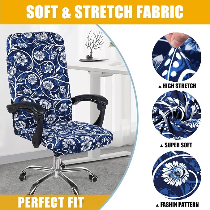 Smiry Stretch Printed Office Computer Desk Chair Covers, Navy Blue | Universal Desk Rotating Chair Slipcovers Removable Washable, Soft Fit Anti-Dust Spandex Protector Cover with Zipper - Image 4