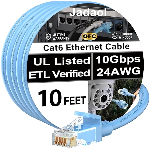 Jadaol [UL Listed Snagless Cat6 Ethernet Cable 10 ft 10Gbps, PoE++, Blue by Jadaol