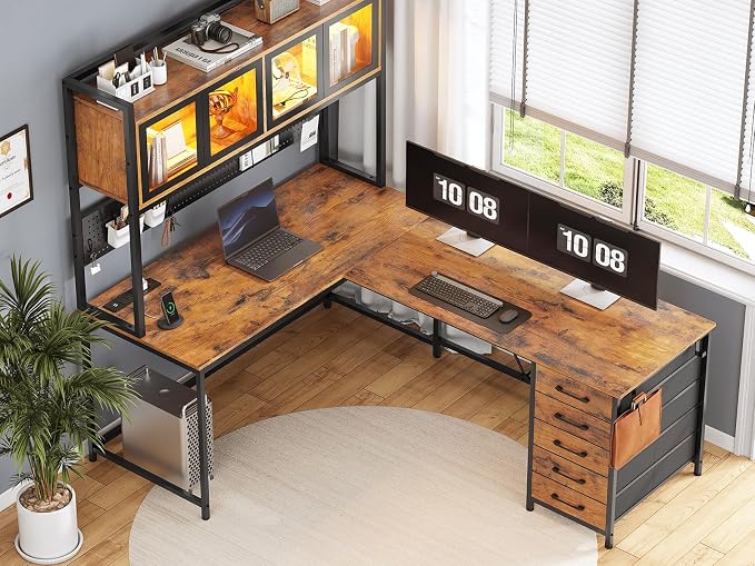SEDETA L Shaped Gaming Corner Desk with Drawers, Hutch and Storage Shelves | Reversible L Shaped Computer Desk, Gaming Desk with Pegboard, Led Lights, and Power Outlet, Home Office Desk, Rustic Brown - Image 8