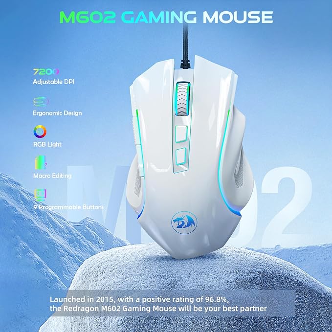Redragon M602 Gaming Mouse, Ergonomic RGB Gaming Mouse Wired with 7200 Adjustable DPI, 9 Programmable Buttons, Professional Software for Gamer Office [White] - Image 2