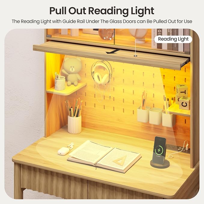 Lvifur 31.5" LEDStudy Desk with Hutch,Outlets,Reading Lights | Computer Desk with Charging Station,2 Drawer,Compact Writing Desks,Home Office Desks for Bedroom,Natural - Image 3