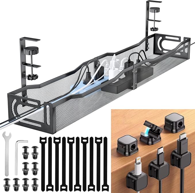 Cable Management Under Desk, 25.3'' No Drill Desk Cable Management Tray with Clamp, Metal Cord Organizer for Standing Desk, Computer Wire Management for Home Office & Gaming Setup, Black by Unknown