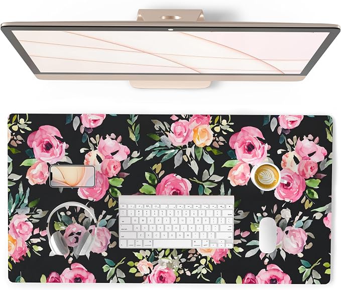 QiyI PU Leather Large Mouse Pad, Office Décor, 31.5" x 15.7", Pink Flowers | Desk Décor Accessories, Extended Size, Waterproof & Easy to Clean, Smooth Surface, Non Slip Desk Organization by QIYI