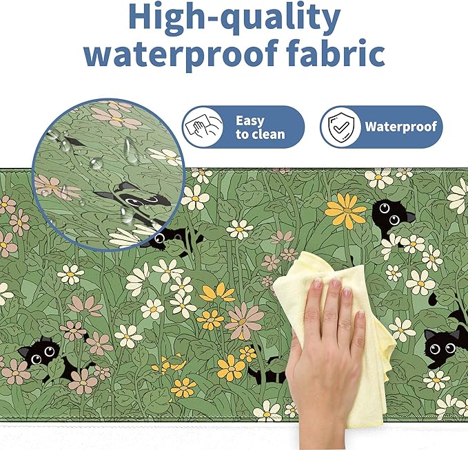 Cute Cat Mouse Pad Large Green Desk Mat Extended Keyboard Mouse Pad Kawaii Mousepad with Non-Slip Base and Stitched Edge Plant Mouse Mat Desk Pad 31.5 x 11.8 in Mouse Pads for Decor Home Office Gaming - Image 3