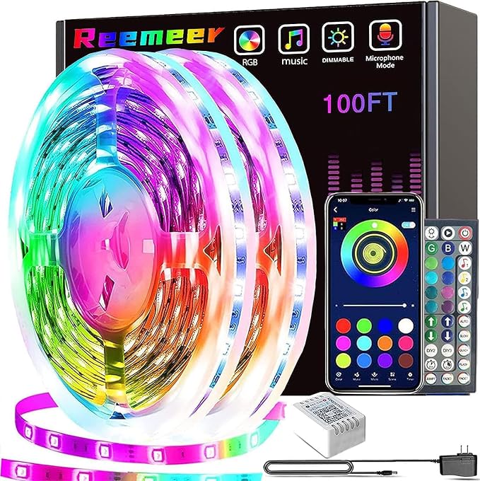 REEMEER Led Lights 100ft Smart APP Control Music Sync Strip Lights RGB Color Changing Strips with Remote, for Bedroom Kitchen and Party by ReemeerLEDStripLights