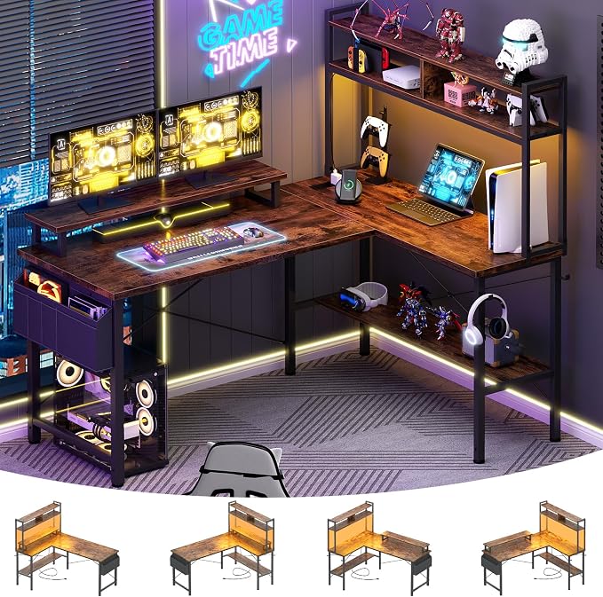 Aheaplus L Shaped Gaming Desk with Power Outlets & LED Lights, Rustic Brown by Aheaplus