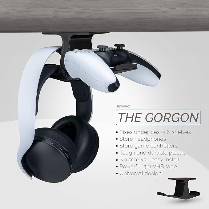 BRAINWAVZ The Gorgon - Under Desk Game Controller & Headphone Holder for XBOX, PS4, PS5, Series One, Steelseries, PC & Most Gamepads & Headsets, Screwless Hanger Stand, Black - Image 2