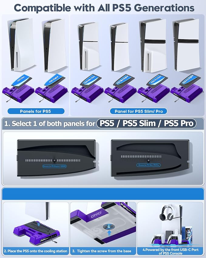 PS5/Slim/Pro Stand and Cooling Station with LED Controller Charging Station for PlayStation 5 Console, Controller Charger, Cooling Stand, PS5/Slim/Pro Skin Accessories Kit with 3 Level Cooler Fan - Image 2