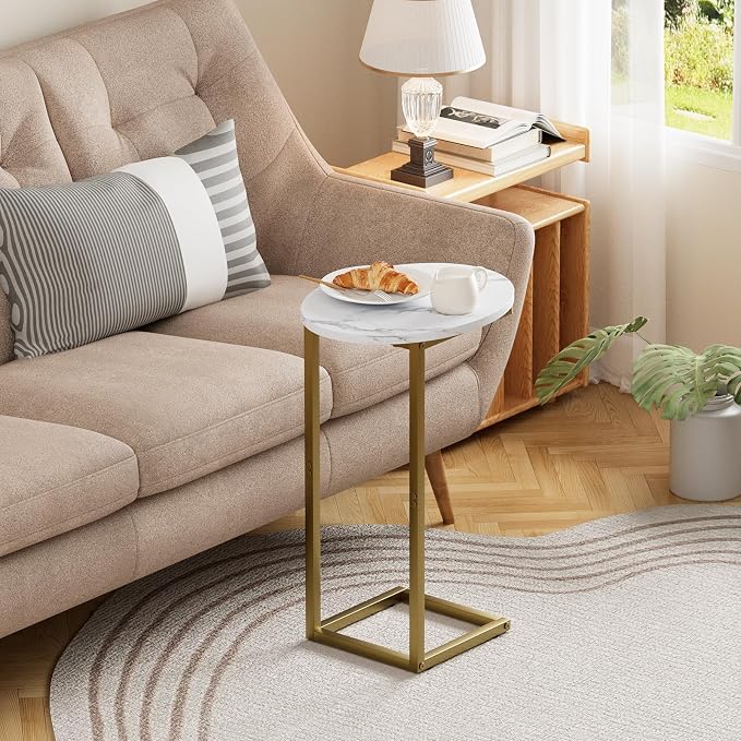 C Shaped End Table, Oval Couch Side Tables for Living Room, Sofa End Table with Metal Frame, Small Wooden Snack Table for Bedroom, Small Spaces, Easy Assembly, Gold - Image 3
