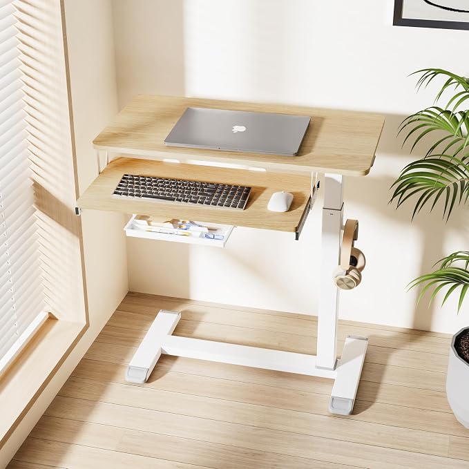 ETHU Height Adjustable Mobile Overbed Table with Keyboard Tray, Oak - Image 2