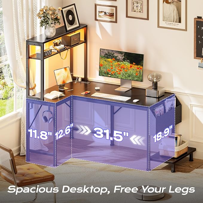 PRAISUN L Shaped Gaming Desk with LED Lights & Power Outlets | Reversible Computer Desk with Storage Shelves & Bag, Small Corner Home Office Desk with Pegboard for Work from Home, Black - Image 5