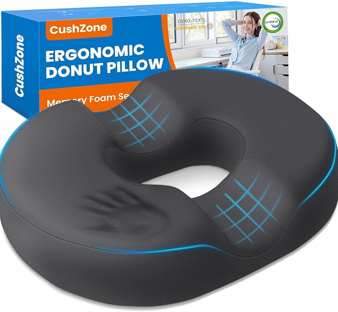 Donut Pillow Seat Cushion, Office Chair Cushion, Gray, X-Large | Ergonomic Design, Breathable Cover, for Tailbone Pain, Hemorrhoids & Long Sitting Hours, for Home & Office by CushZone