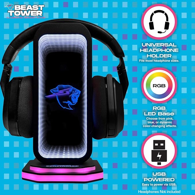Feastables Beast Tower MrBeast Gaming Headphone Stand | RGB Light Display with Infinity Mirror Effect and Logo | Universal Headset Holder; USB Powered Desk Computer Accessory for Gamers and Streamers - Image 3