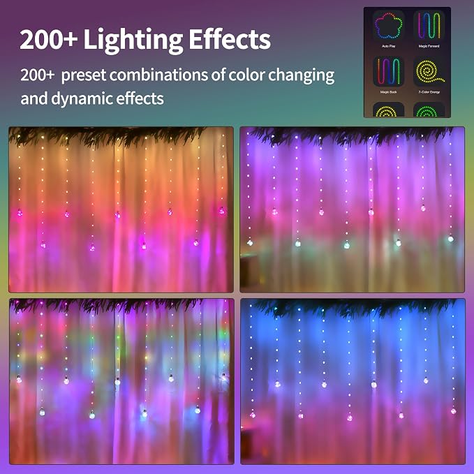 Color Changing Wishing Ball Curtain Lights, 9.8 x 3.3 FT RGB LED Fairy Light with Remote App Control, Music Sync Window Backdrop Wall Hanging Lights for Bedroom Party Halloween Christmas Decoration - Image 3