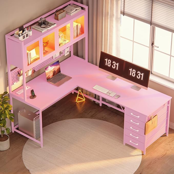 SEDETA L Shaped Gaming Corner Desk with Drawers, Hutch and Storage Shelves | Reversible L Shaped Computer Desk, Gaming Desk with Pegboard, Led Lights, and Power Outlet for Home Office, Small Space, Pink - Image 7