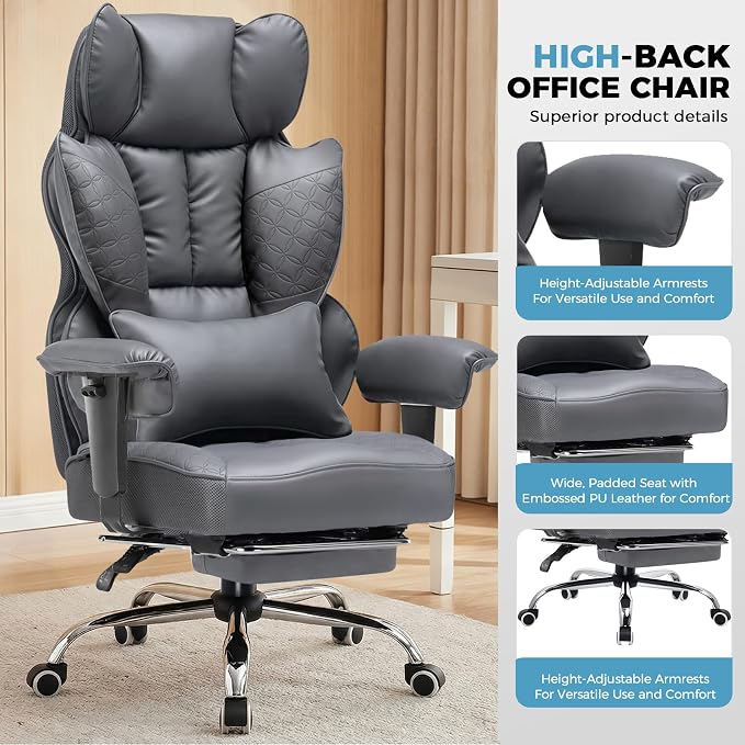 COMHOMA Big and Tall Office Chair Heavy Duty Wide Ergonomic Gaming Chair with Deluxe Embossing Designed Leather with Foot Rest,150°Reclining Adjustable Armrests Pocket Spring Back Support and Pillow - Image 9