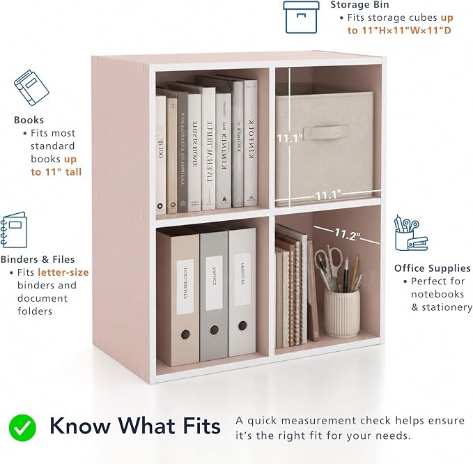 Homes: Inside + Out Apexa 4-Cube Storage Organizer Shelves, Stackable Wood Bookcase Fits Cubby Bins for Organization, Dorm Teen Room Decor & Home Office, Light Pink - Image 6