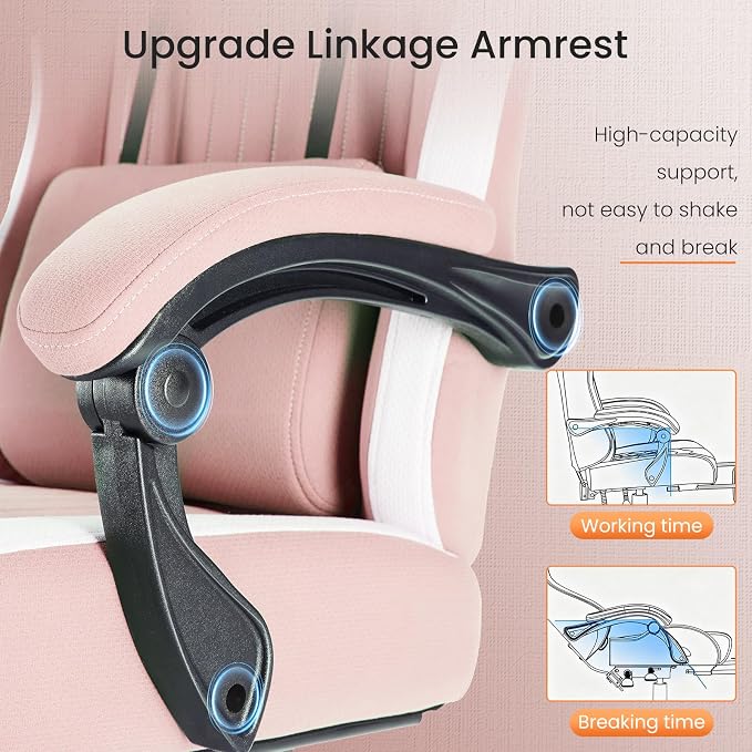 DUMOS Ergonomic Gaming Chair with Footrest, Video Game Chairs | Comfy Lumbar Support, Linkage Armrests, Tech Fabric, Pocket Spring Cushion, Office, Adults Students, Pink - Image 6