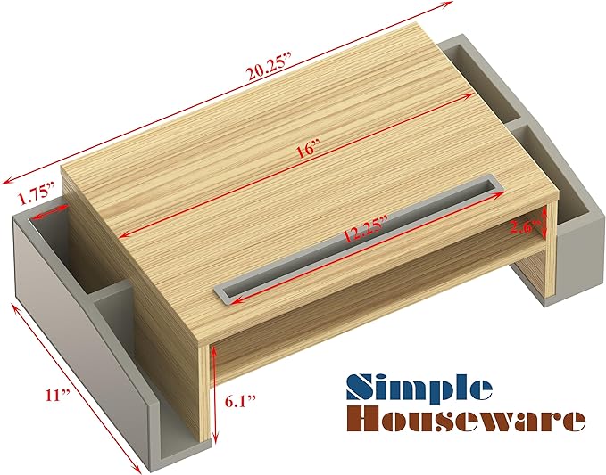 Simple Houseware Desk Monitor Stand Riser w/ Adjustable Tray, Oak | Built-In Tablet Slot and Side Storage - Image 4