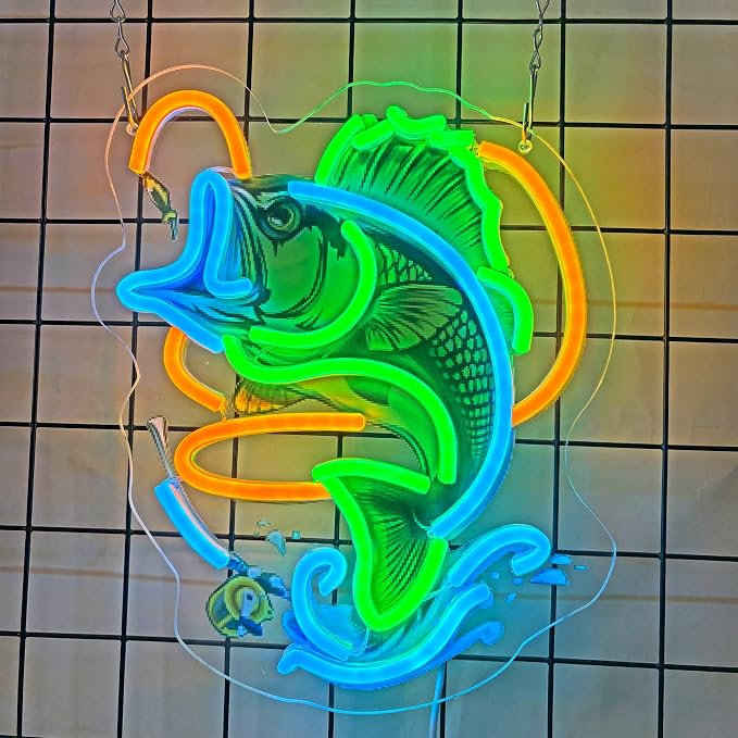 Fishing Neon Sign with UV Printed Backboard, LED Neon Light for Bar, Fishing Room, Man Cave, Garage, Game Room, Nautical Wall Decor by sikooruledneonsign