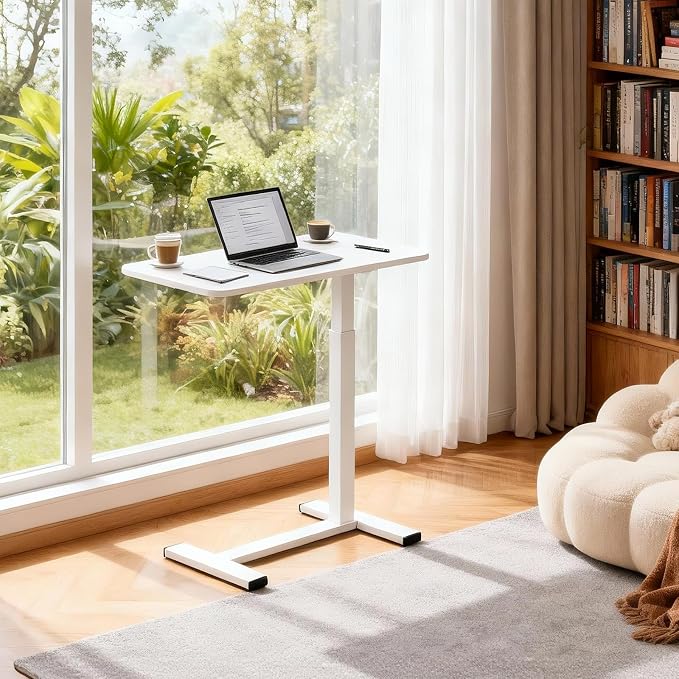 Large Pneumatic Hospital Bed Table,Hidden Wheels Adjustable Height C-Shaped End Table,Overbed Bedside Table with Wheels, Side Table for Sofa & Bedside(15.8''Wx31.5'D'x37.1''H,White) - Image 3