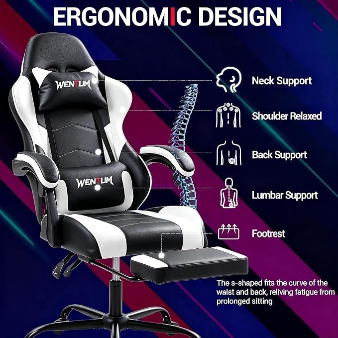 Gaming Chair with Footrest for Adults, PU Leather Massage Racing Video Game Chair with Lumbar Support for Men Women, Ergonomic Computer Gamer Chair for Home Office, Height Adjustable, White - Image 4