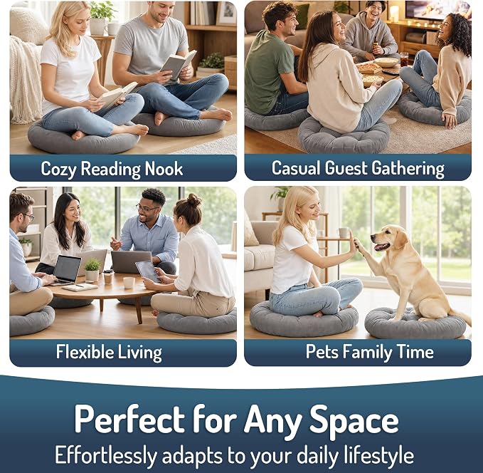 Meditation Cushions Set of 2, Large Floor Pillow for Adults, 22 Inch Round | Reading nook use, Zen relaxation, Tatami seating, Corduroy cover, 3.5 in thick, Shredded memory foam fill, Grey yoga pad - Image 5