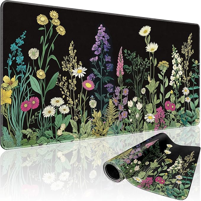 Wildflower Black Large Gaming Mouse Pad Desk Mat 31.5"x15.7" | Extended Mousepad, Non-Slip Rubber Base , Stitched Edges, for Computer/Laptop/Office/Home by Mcapirivo