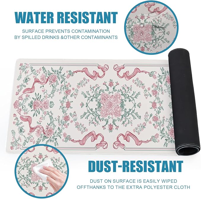 Pink Floral Gaming Mouse Pad, Desk Mat, XL Large Mousepad Non-Slip, Desk Pad, Extended Big Keyboard Mat for Desktop Decor, Office Desk Accessories for Women, 31.5x11.8in - Image 6