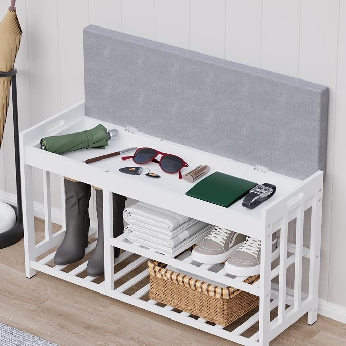 Bamboo Shoe Storage Bench with Cushioned Seat 3-Tier Entryway Shoe Rack - Image 3