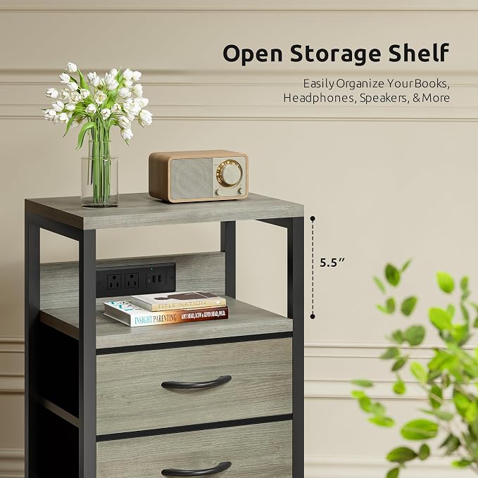 Lazzanto Night Stand with Charger Station, 3 Fabric Drawers, Grey - Image 6