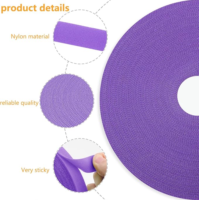Reusable Fastening Tape Cable Ties 3/4 Inch Double Side Hook Roll (25 Yard, Purple) - Image 2